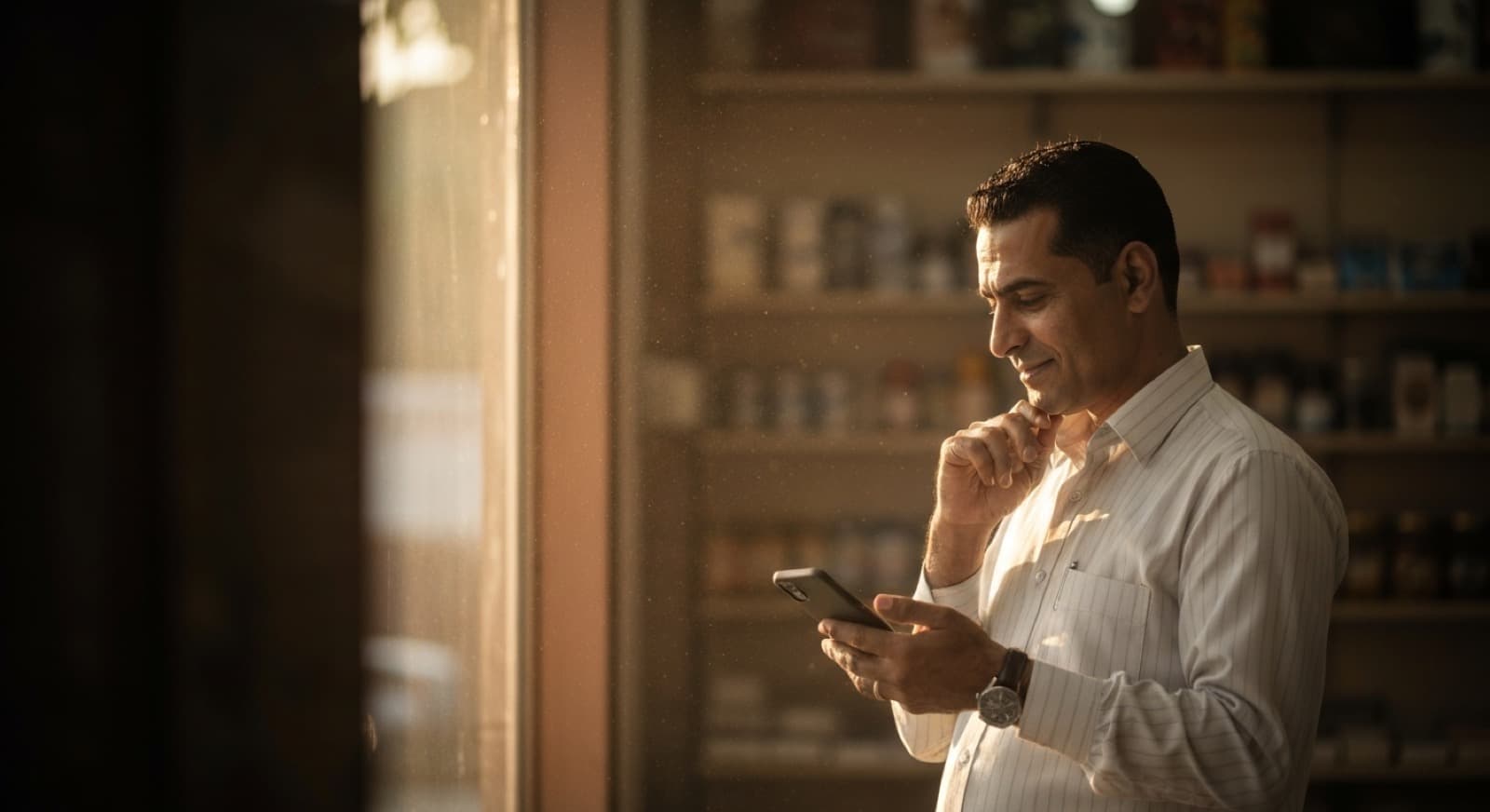 A store owner glances at their phone in the early morning light, calm and in command.